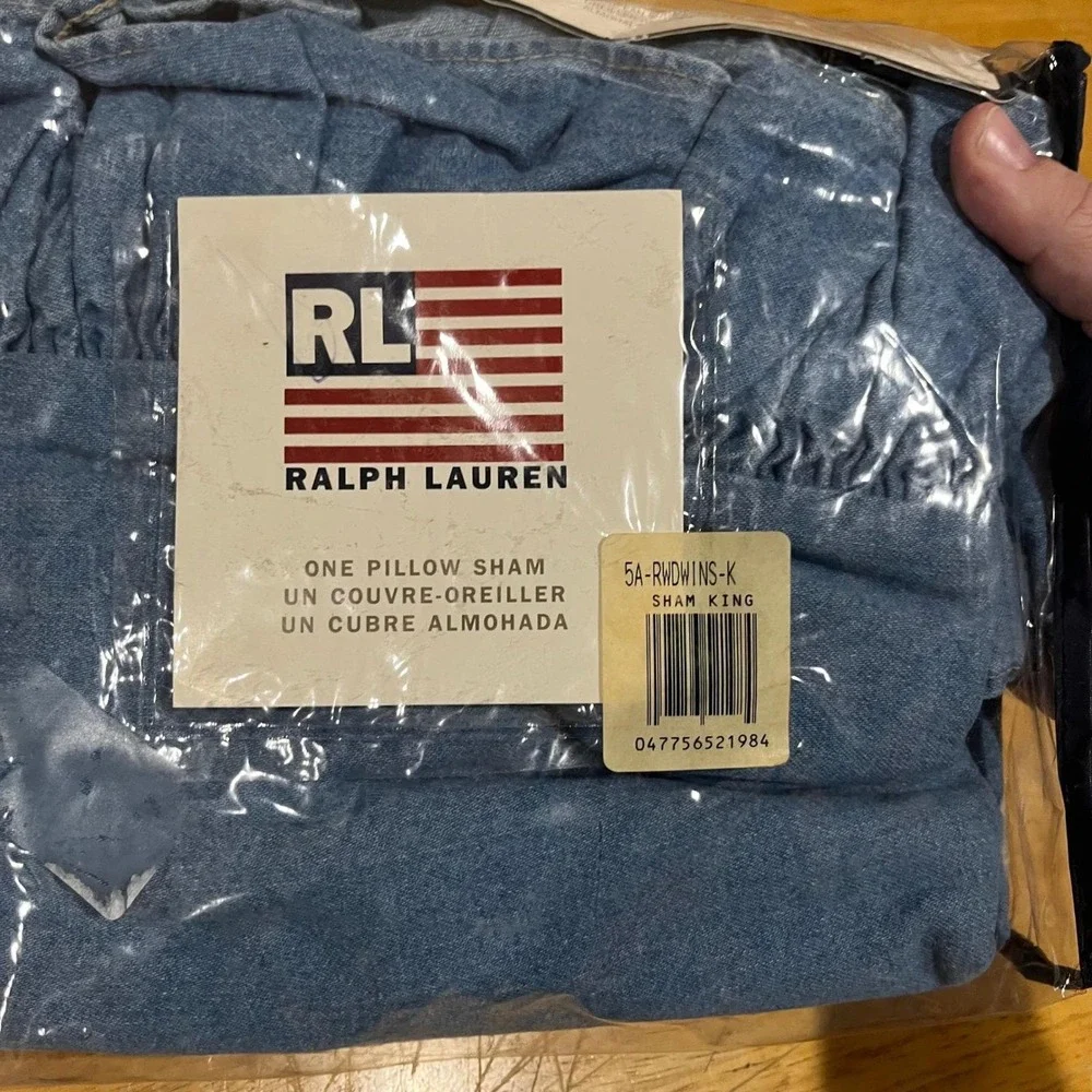 Ralph‎ Lauren Windward Ruffle Denim King Pillow Sham Blue Cotton Made in USA